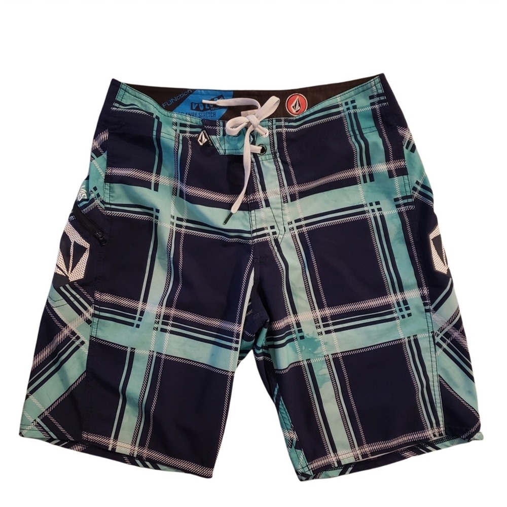 Volcom Boardies Mens 30 Plaid Board Shorts Teal Navy Blue 4-Way Stretch A0811209